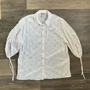 Stonebridge Sport White Eyelet Button Down Blouse Ruched Puff Sleeve Blouse L